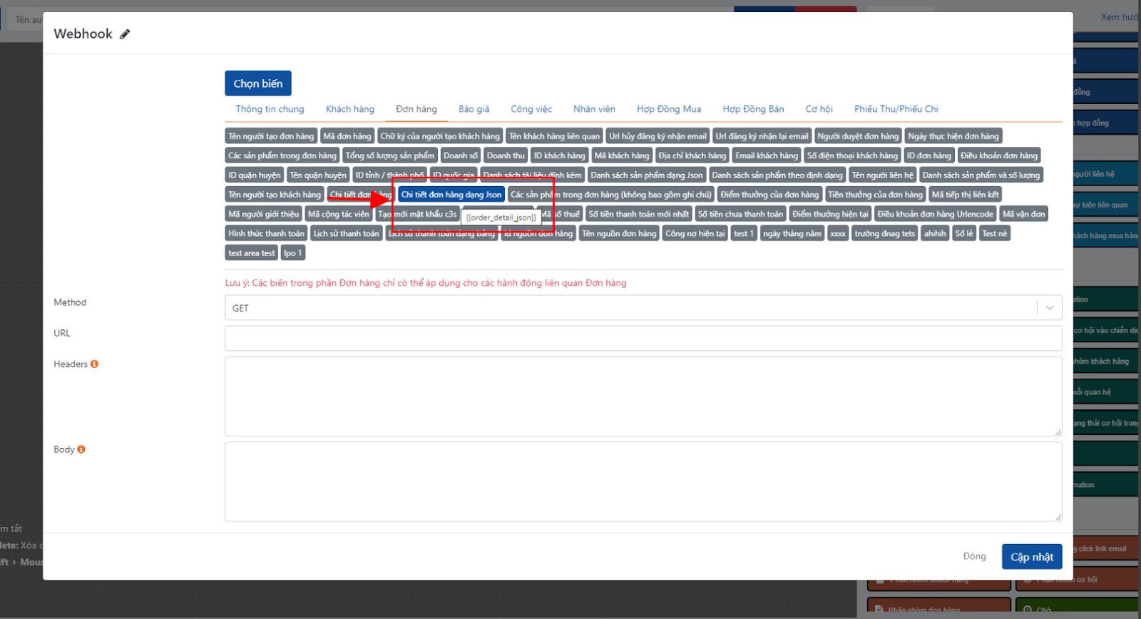 Bổ sung biến “chi tiết đơn hàng” dạng json trong webhook automation