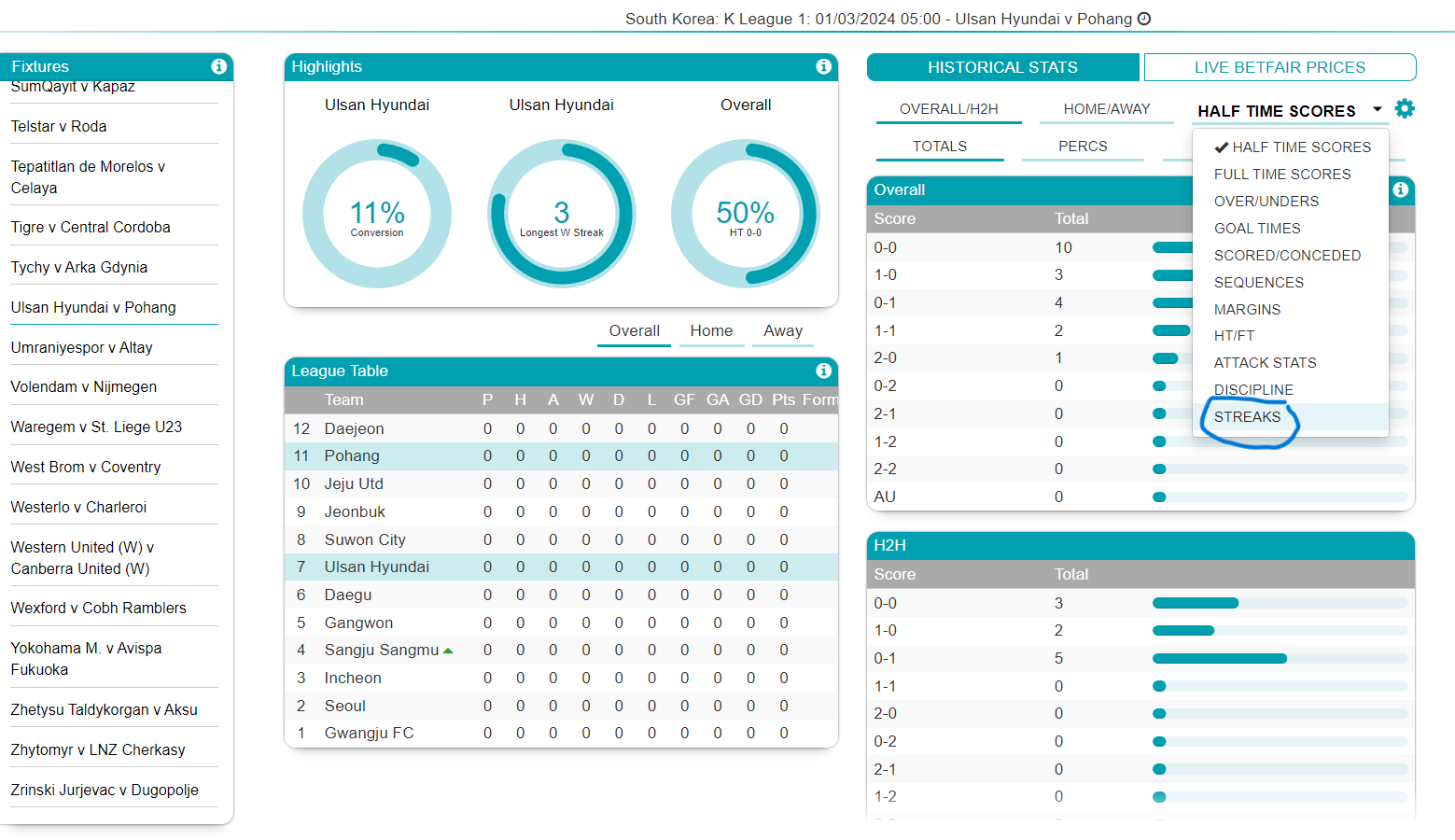 How to navigate to football match 'streaks' 