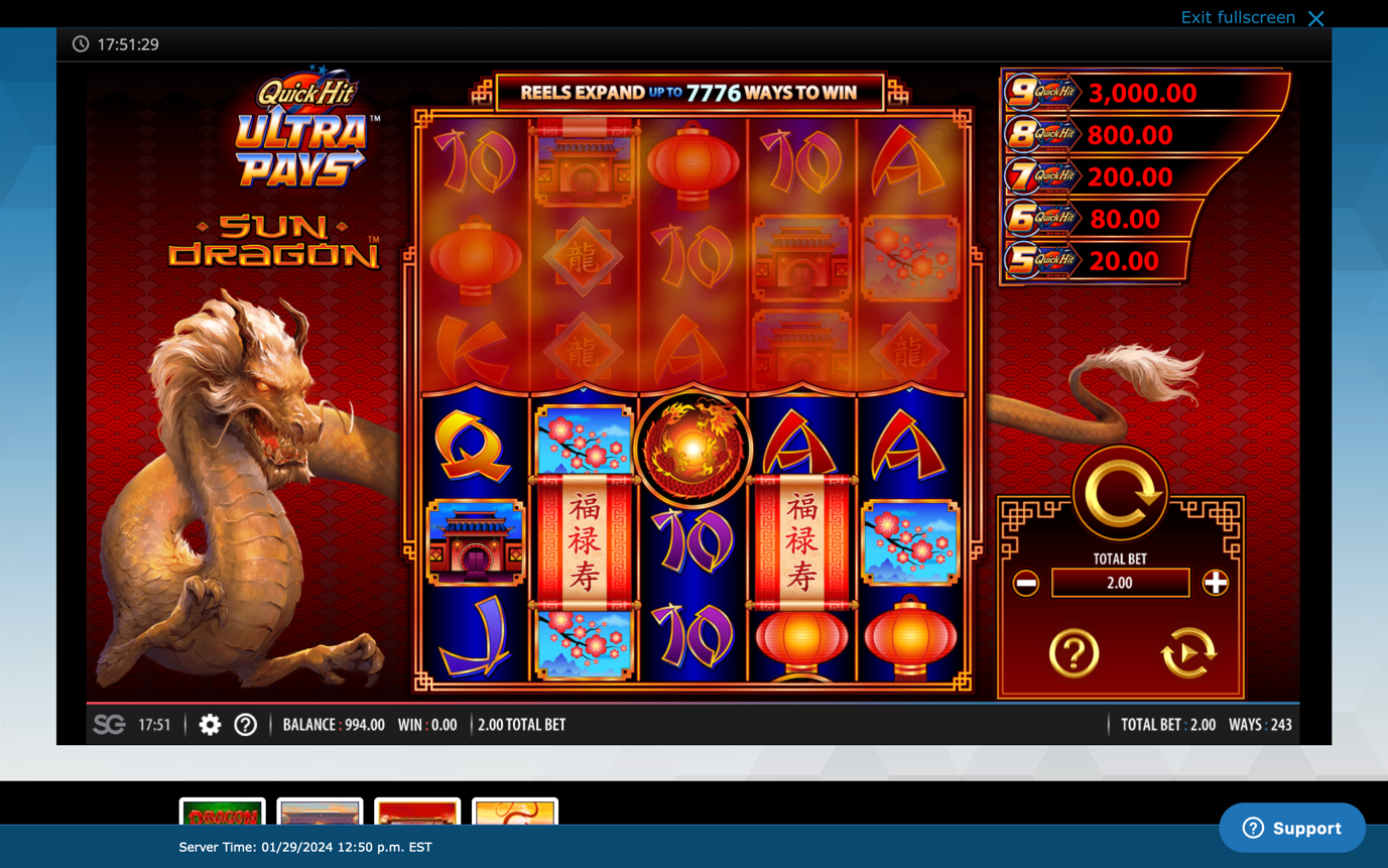 A screen shot of a resorts casino online year of the dragon slot game ,Quick Hit Ultra Pays Sun Dragon  with a red background and symbols of paper lanterns and cherry blossoms.