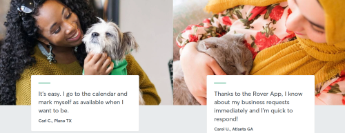 A screenshot from the Rover website showing happy pet sitters and their quotes about why they enjoy working with Rover. 