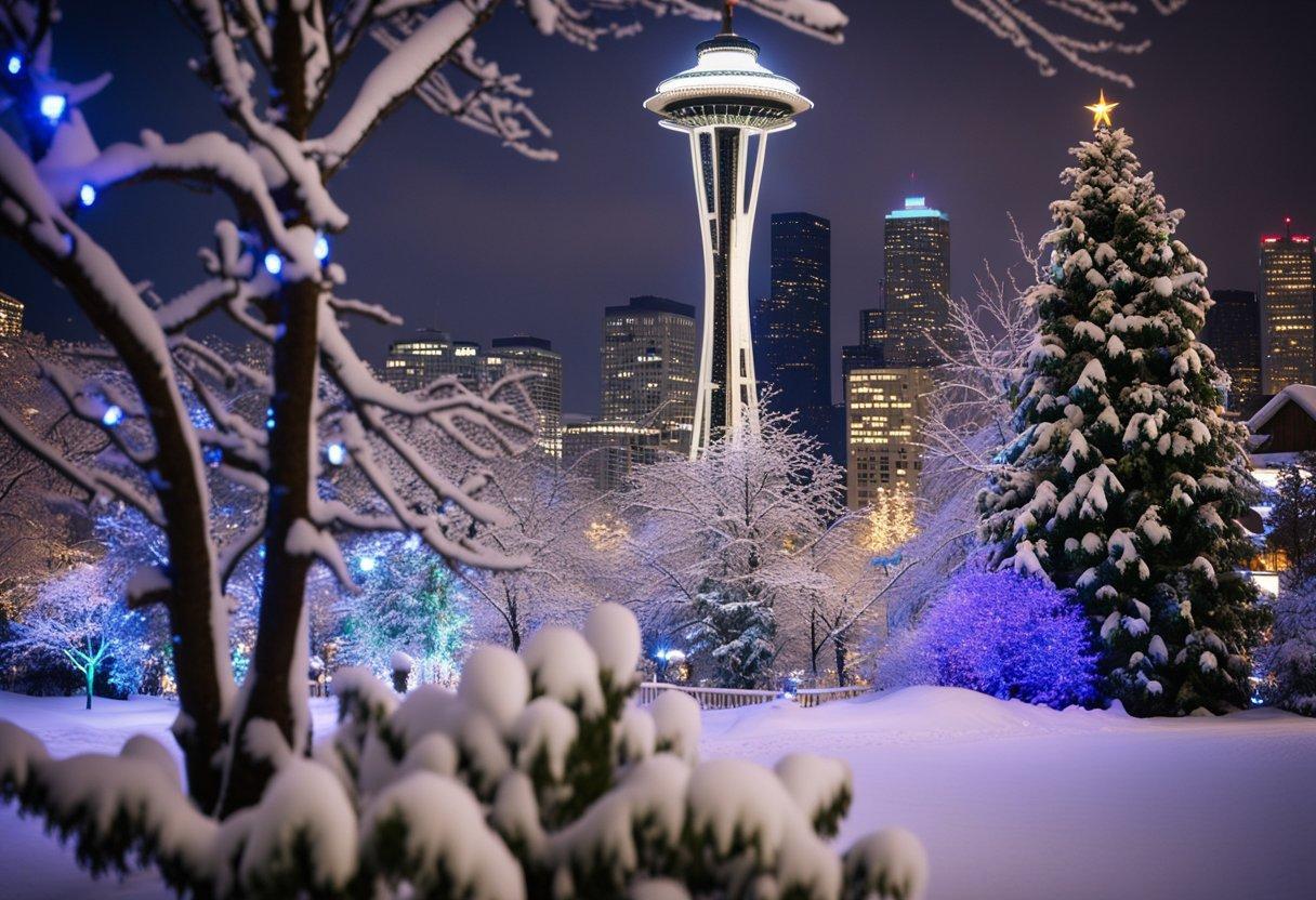 A snowy city landscape with trees and a tall tower

Description automatically generated