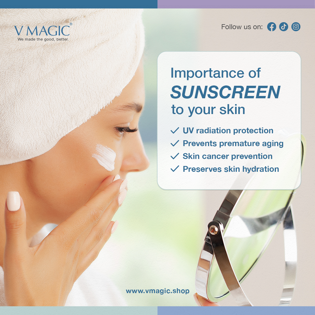 An image that rundowns the importance of sunscreen to your skin - UV protection, prevents premature aging, skin cancer prevention, and preserves skin hydration.