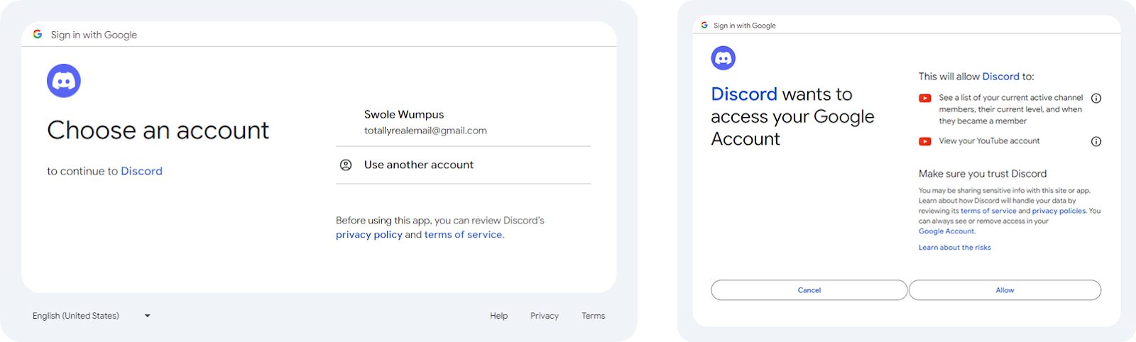 The Google Account confirmation screen of Discord connection