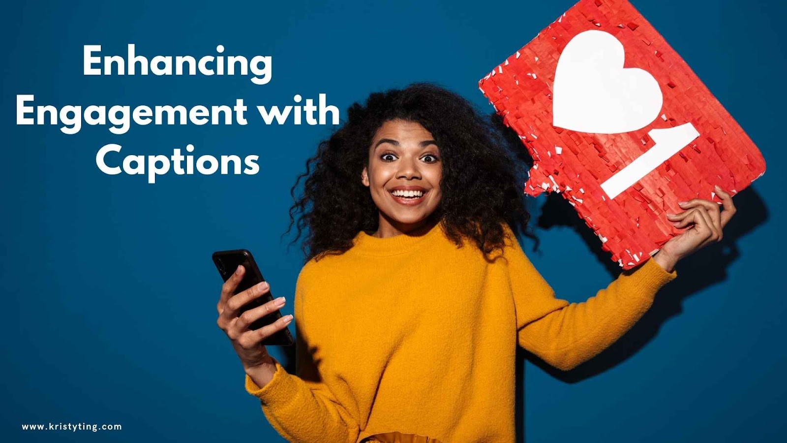 Woman holding a 'like' icon sign on a blue background.