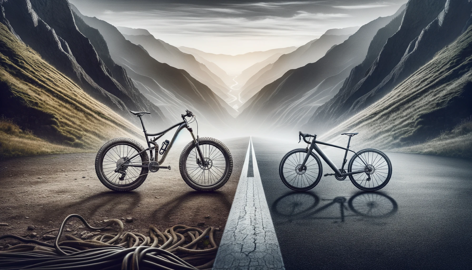 Photo of a mountain bike and a road bike placed side by side against a background that transitions from a rugged mountain trail to a smooth city road. The mountain bike is on the left, with its sturdy construction and knobby tires, placed on the rough trail side. The road bike is on the right, with its sleek design and thin tires, standing on the smooth road surface. A dividing line in the center emphasizes the stark contrast between the two bike types, clearly showcasing 'Mountain Bikes vs. Road Bikes'.