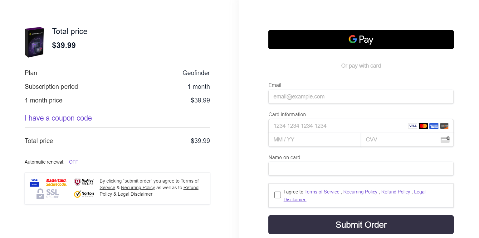 geofinder payment page