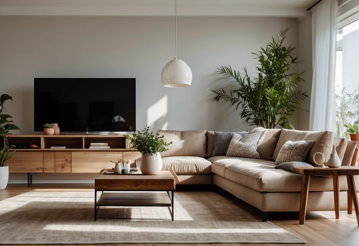 A clean, clutter-free living room with neutral decor, well-lit by natural light. Furniture arranged to create an open and inviting space