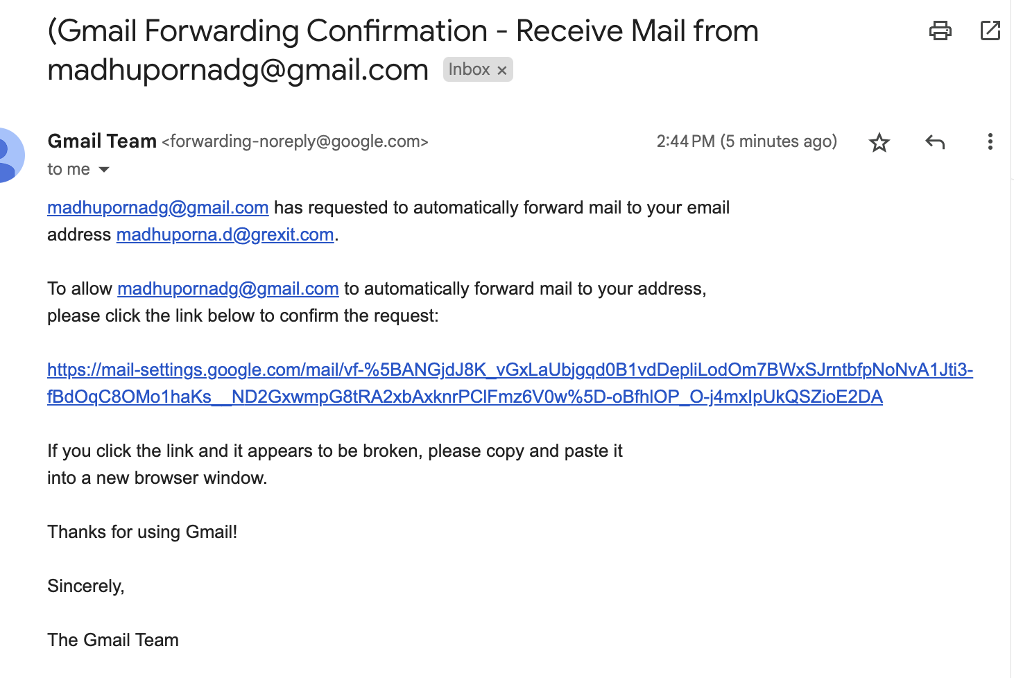 forwarding confirmation for merging gmail accounts