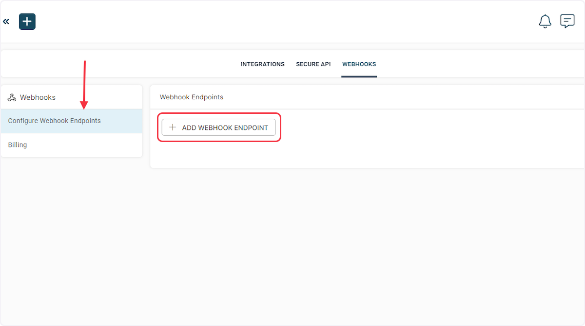 Now, select the "Configure Webhook Endpoints" menu and click on the "+Add Webhook Endpoint" button.