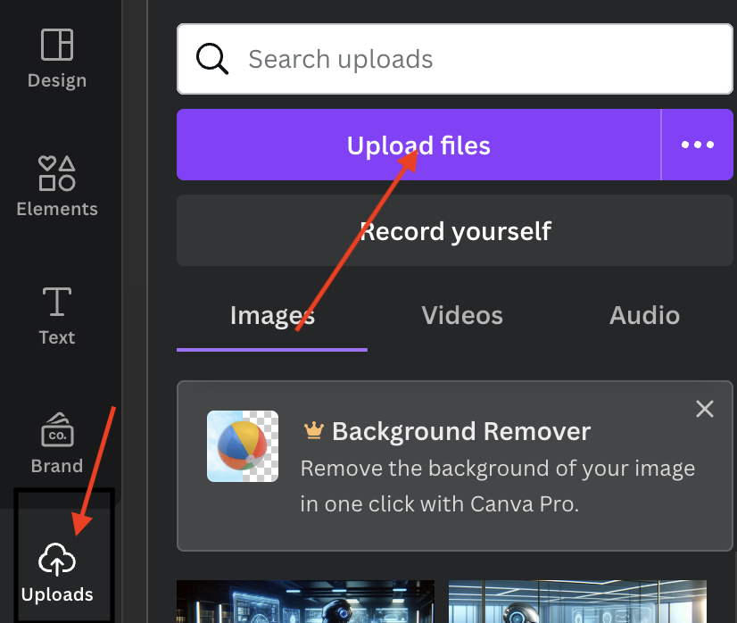 a screenshot of canva's interface showing how to upload files