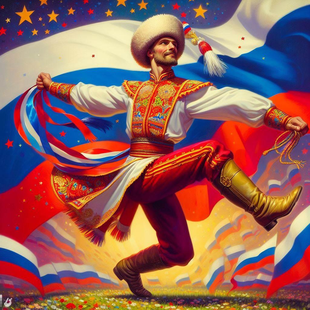 Un cosaco bailando con los colores de la bandera de rusia