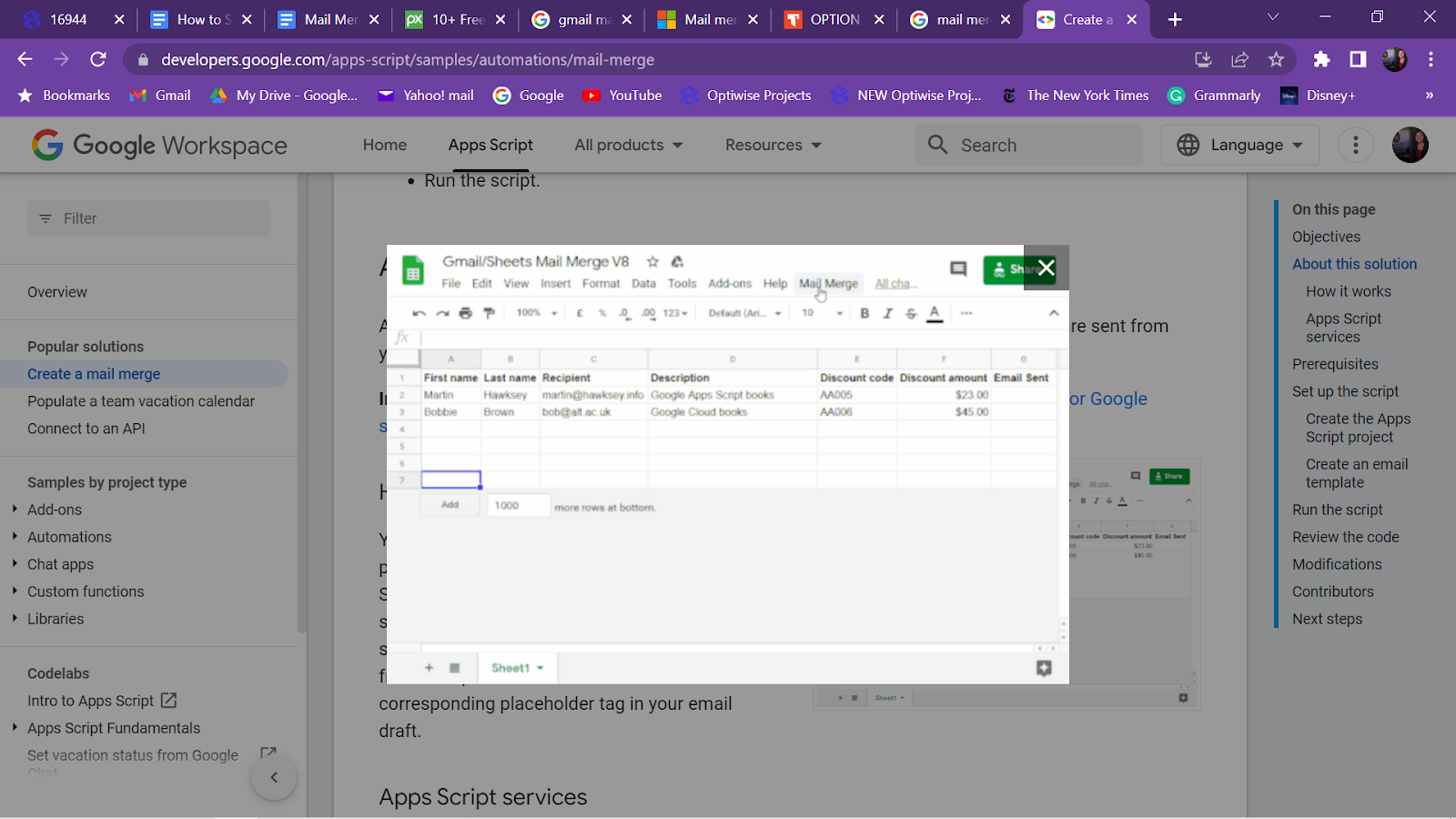 Create a mailing list on a Google spreadsheet