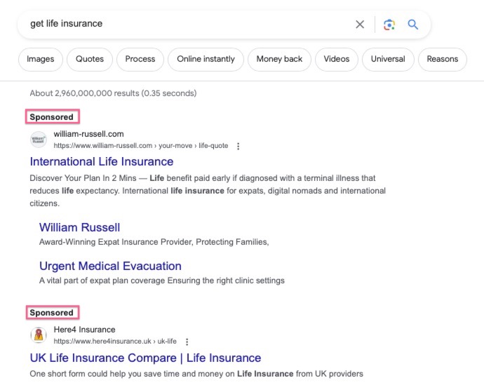 Google search ads examples