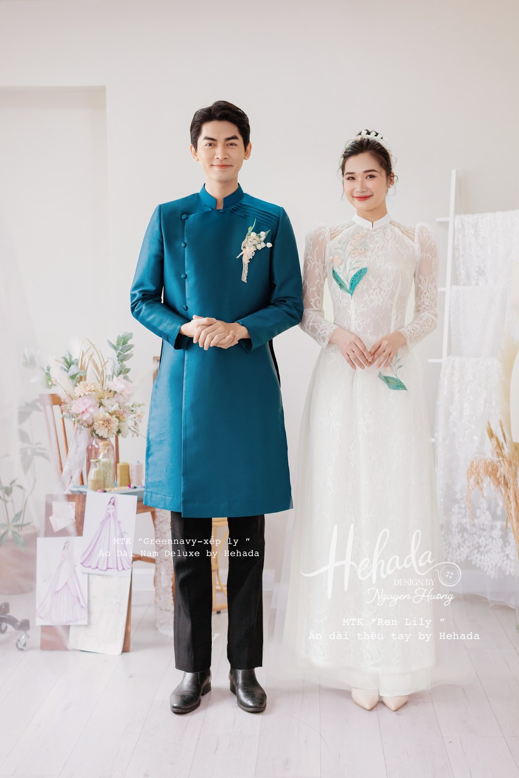 Cặp áo dài nam Green Navy & nữ Ren Lily