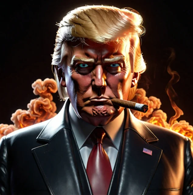 Green eyed Master Trump looking mesmerizing and pissed cigar in mouth, fire behind him wearing leather coat