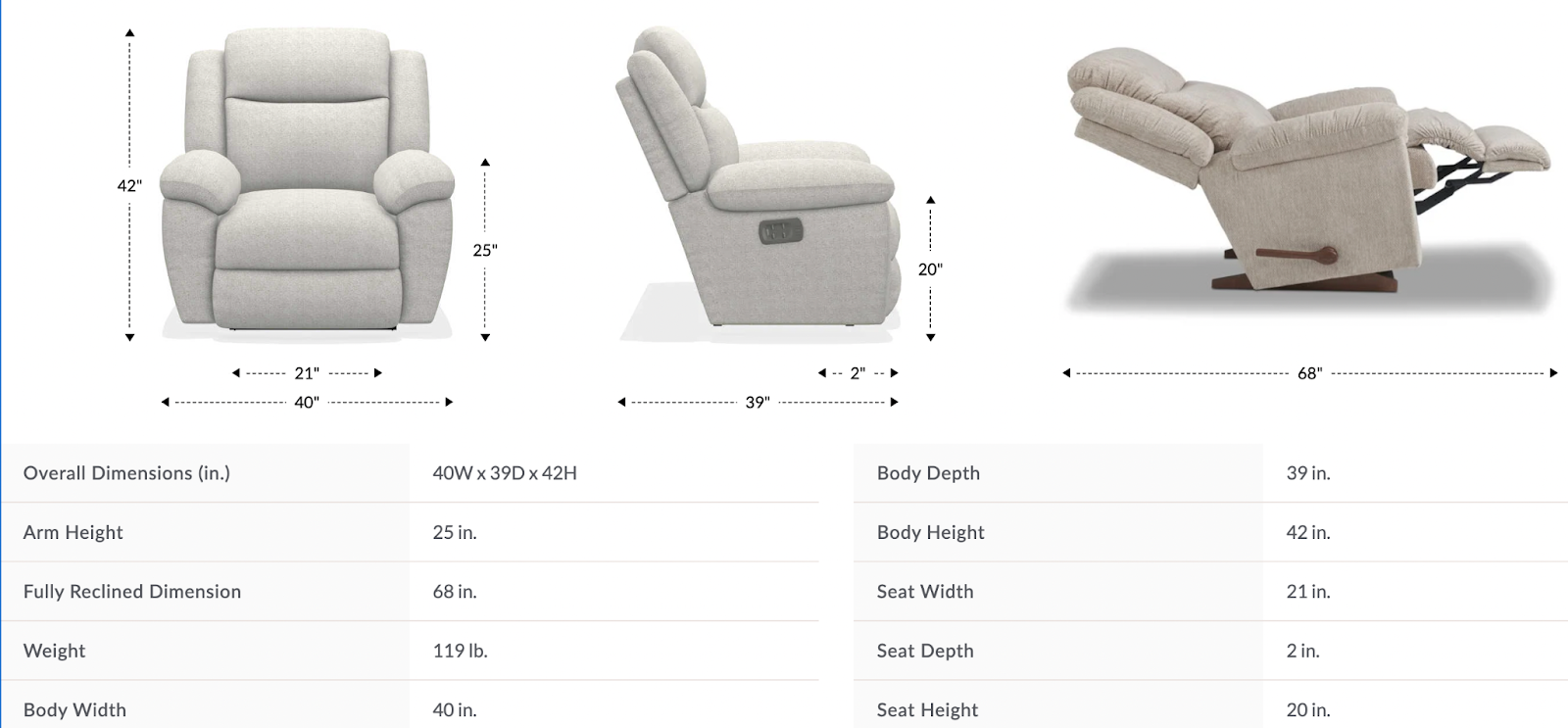 joel power wall recliner w/ headrest & lumbar dimensions