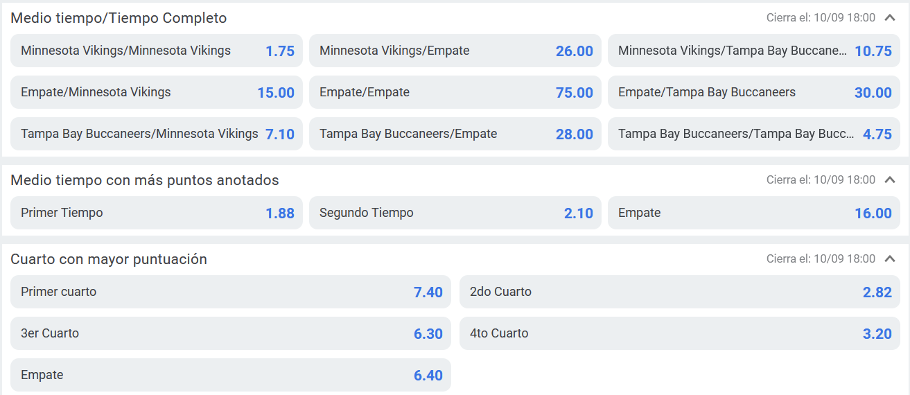 Cuotas para apuestas a medio tiempo en un partido de fútbol americano