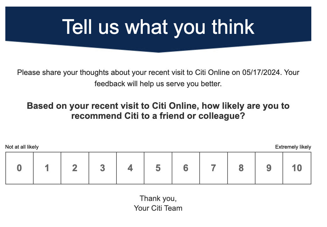 example of NPS rating from CitiBank, service desk KPI