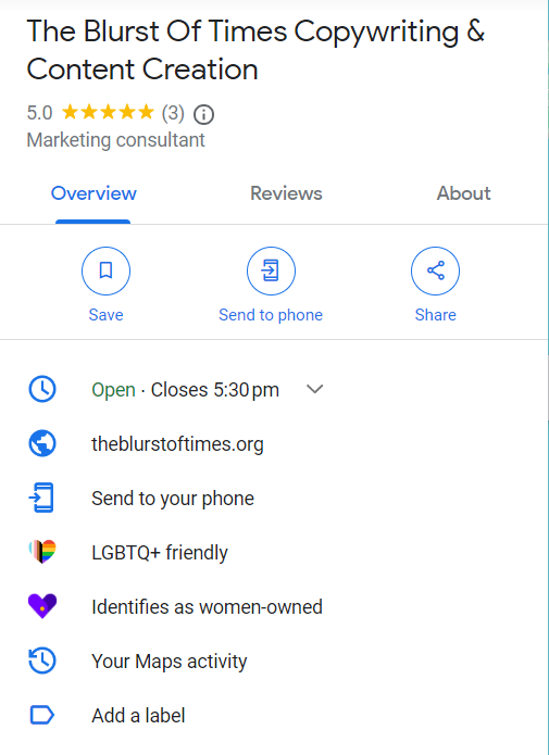 A Google Business Page with LGBTQ+ friendly and identifies as women-owned shown below the business details.