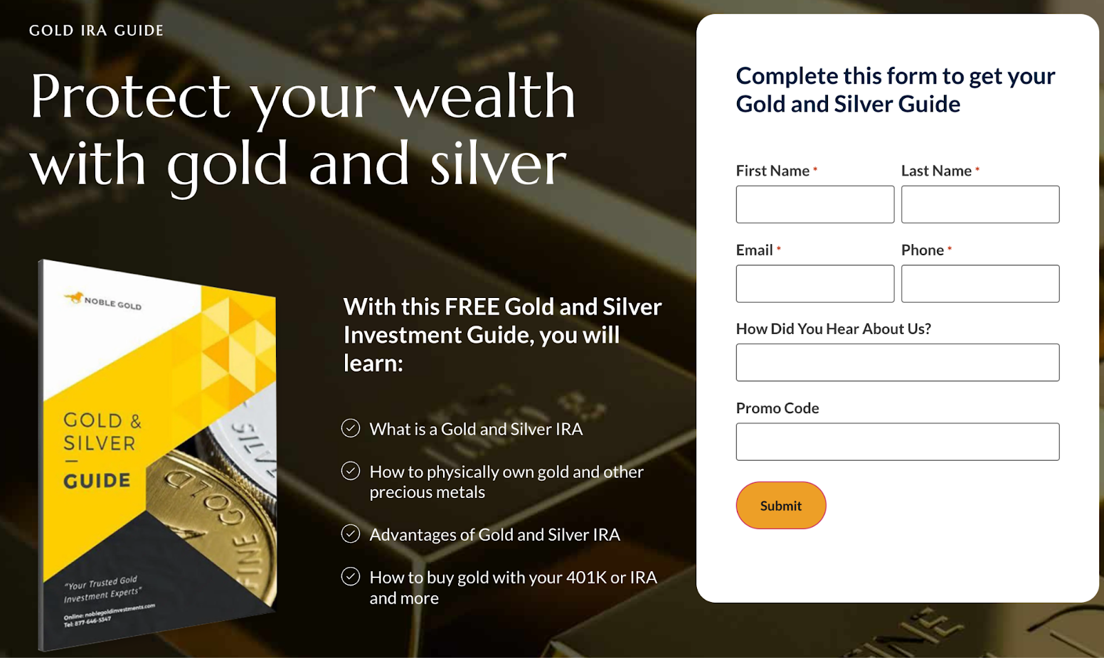 Image from Noble Gold's website to complete a form for a free gold and silver guide