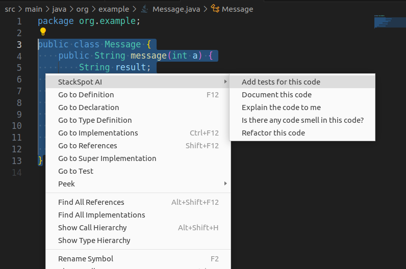 Imagem do artigo sobre testes unitários com menu da StackSpot AI exibido sobre o código selecionado