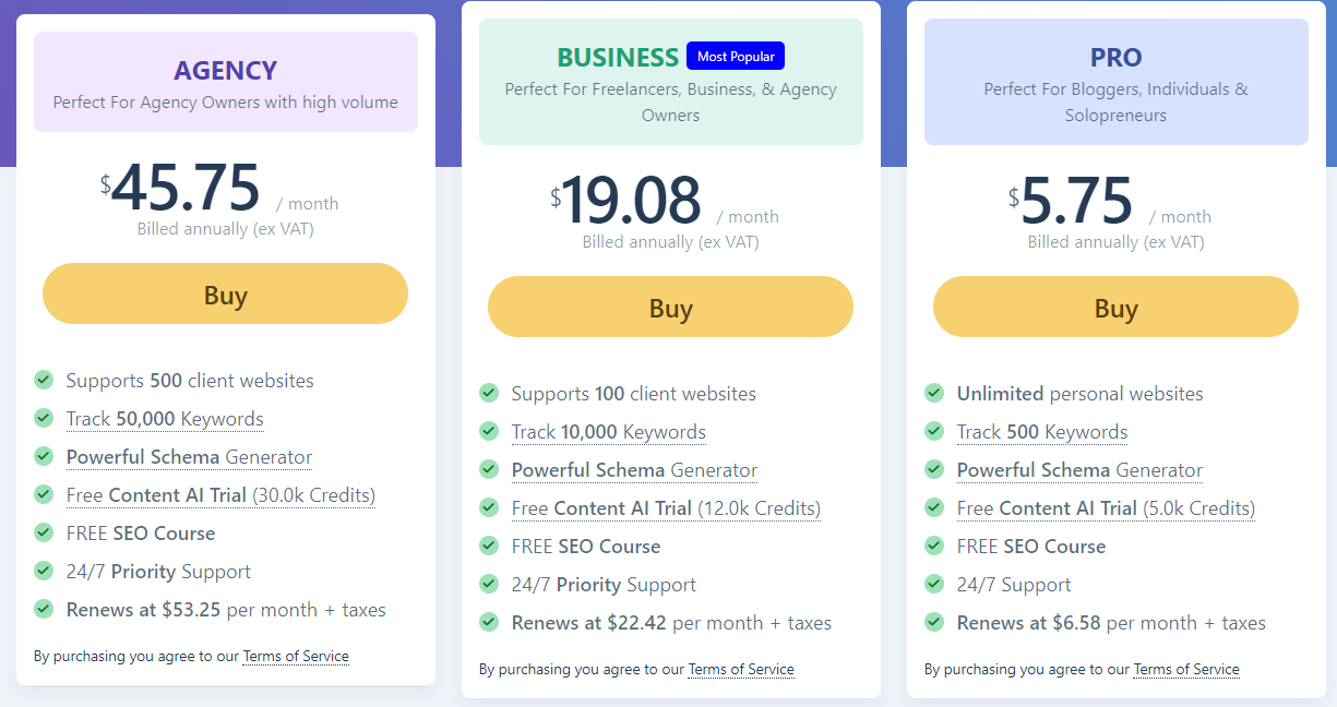 Pricing Plans for RankMath