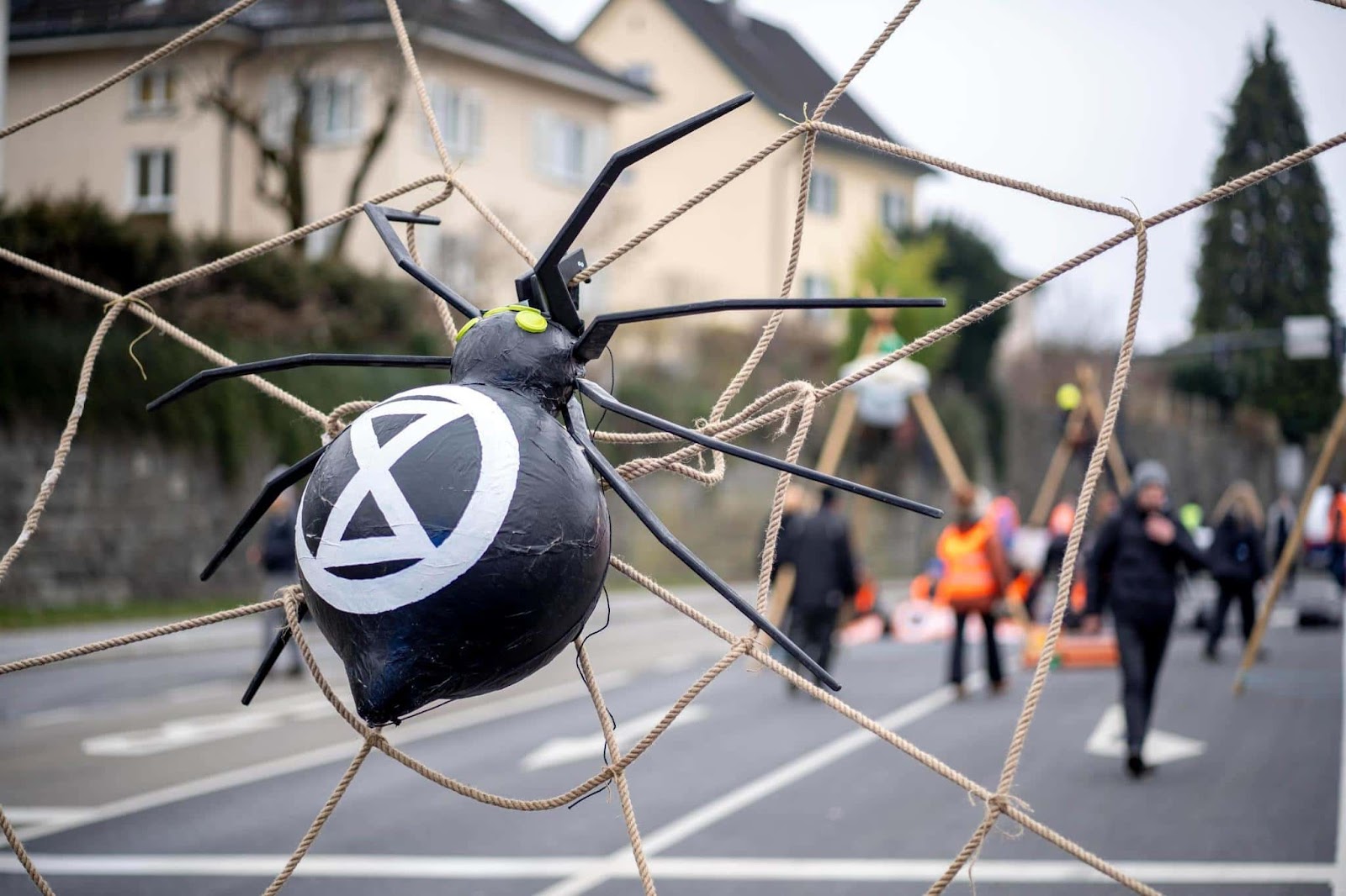 A fake spider sits on a web made from rope that is spread across the street.