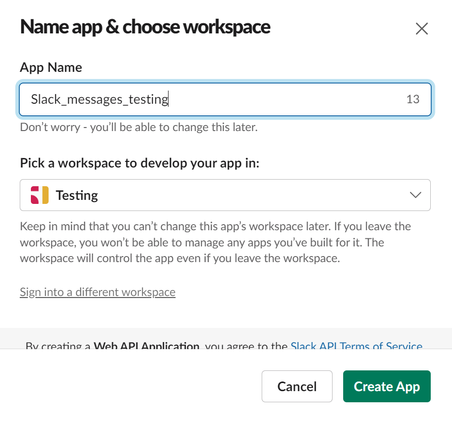 Naming a new APP in Slack. Image by Federico Trotta - n8n blog