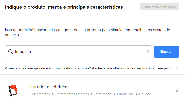 usar o simulador de taxas no mercado livre para descobrir a categoria do produto