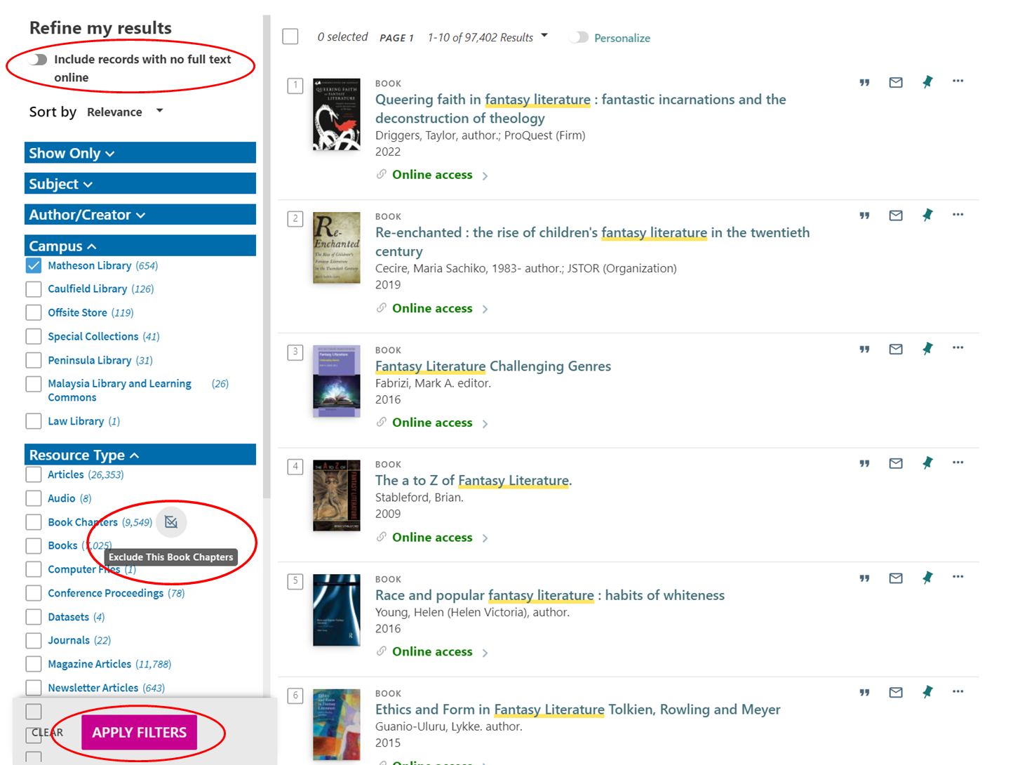 search results including filters on the left - include records with no full text toggle, exclude book chapters filter and apply filter button are circled