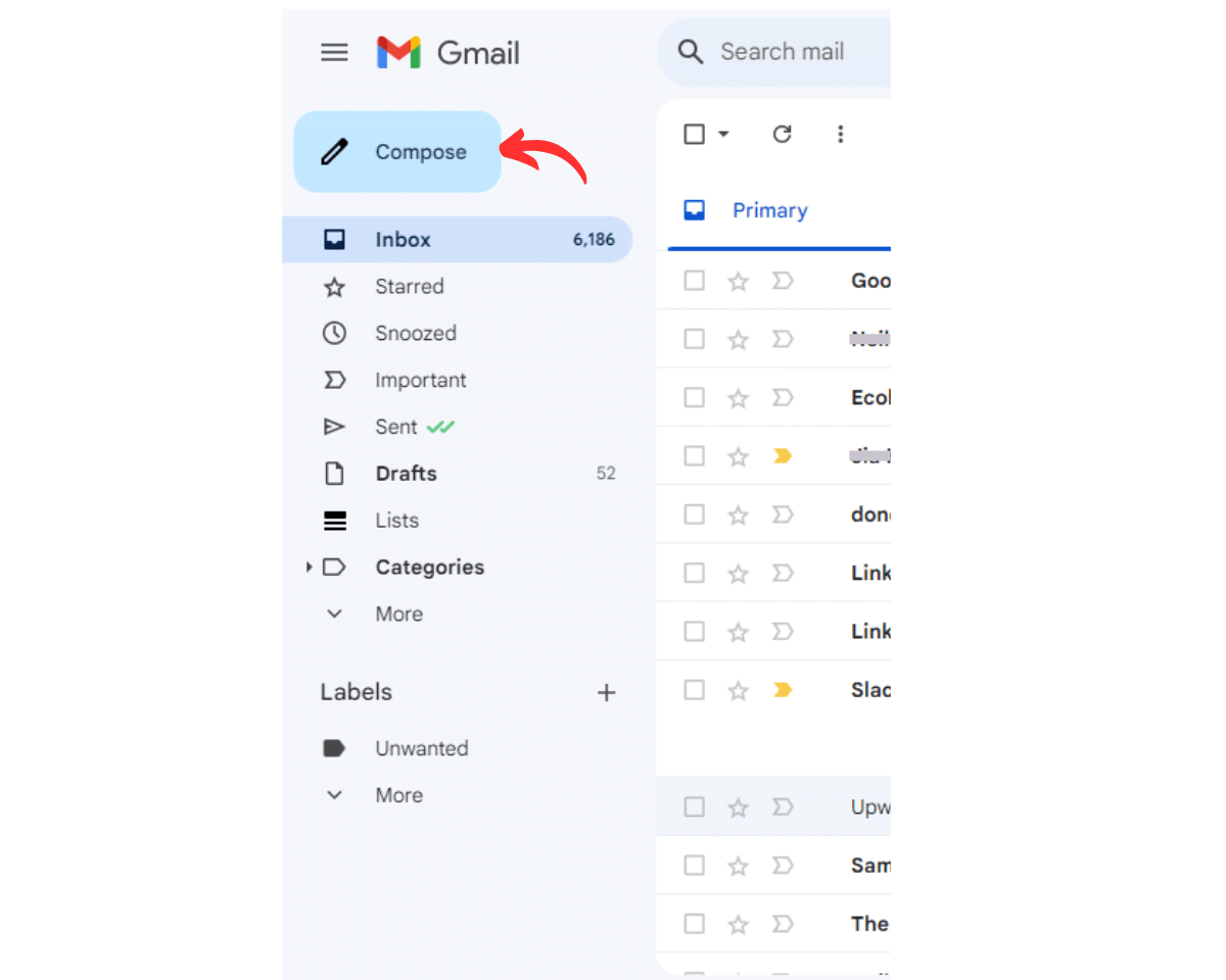 Step 2 for sending PDF documents securely in Gmail: Click "Compose" to start a new mail
