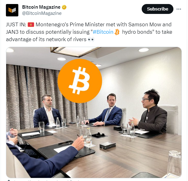 黑山總理會見礦業巨頭，探討發行 BTC 水力發電債券