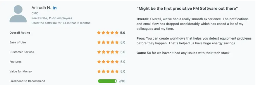 Five-star Capterra review on Facilio CaFM software