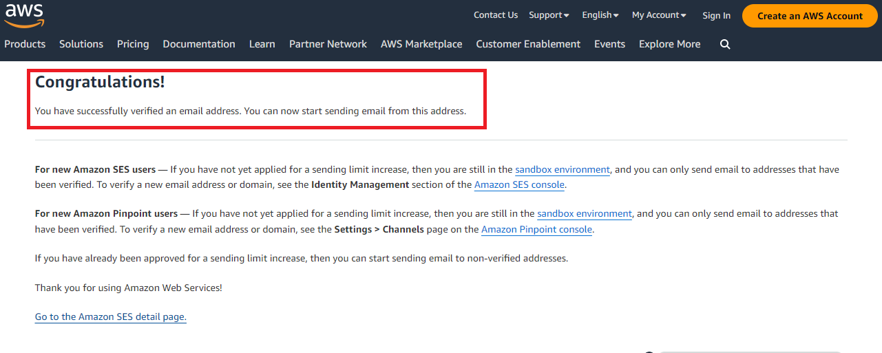 Email verification completion in AWS