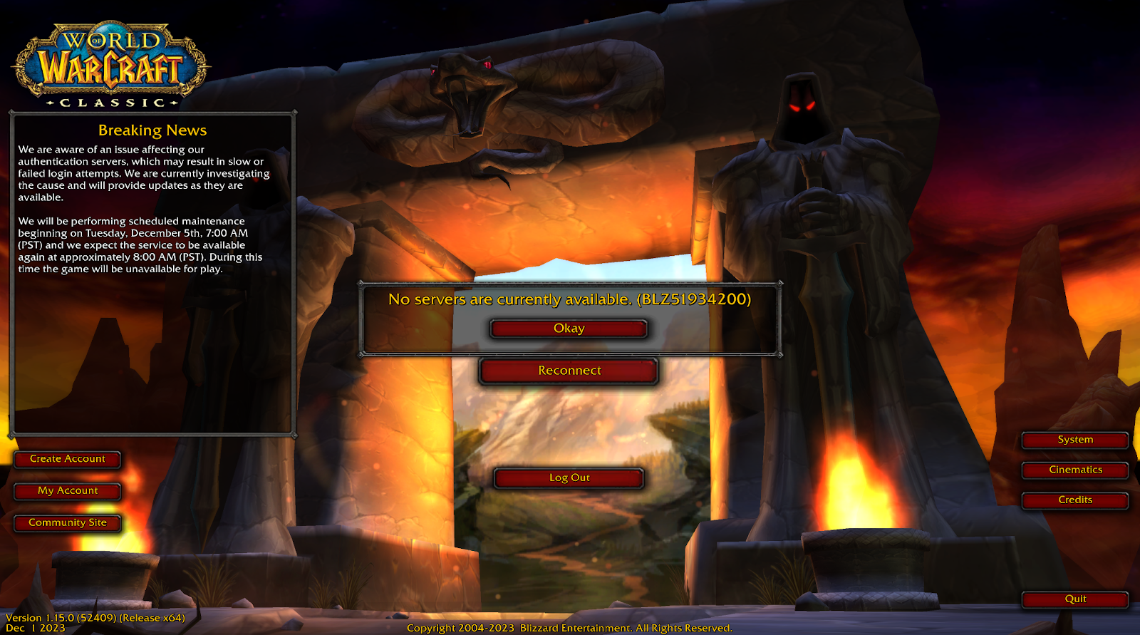 WoW Servers down on the login screen with no entry for players available. Screenshot of the WoW server login screen on Classic servers. 