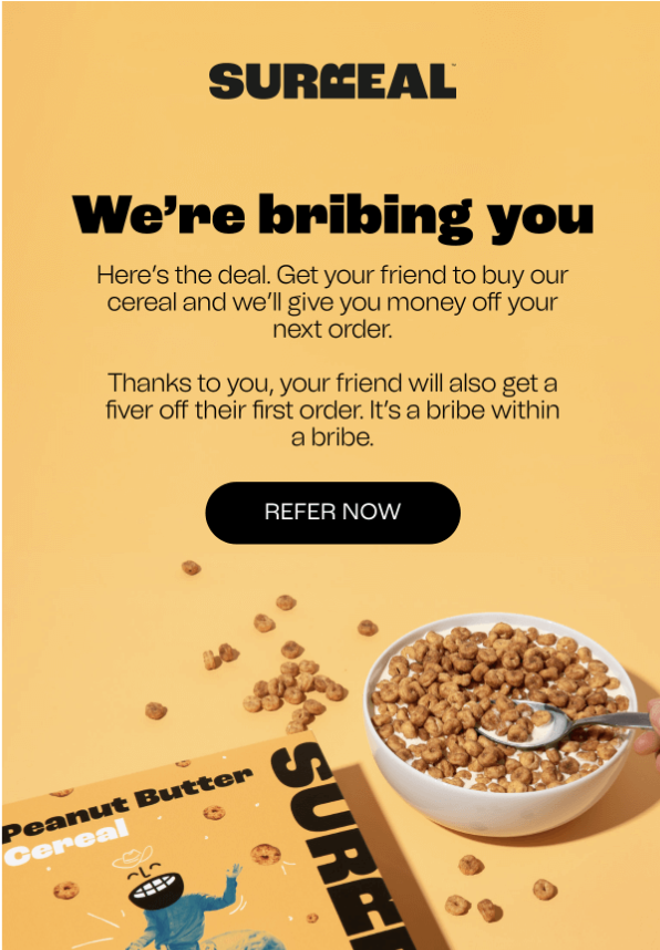 Screenshot of Surreal cereal brand rewards offers when you refer a friend.