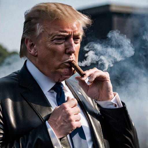 Blonde Donald looking sexy in hypnotic leather coat puffing his phallic stick