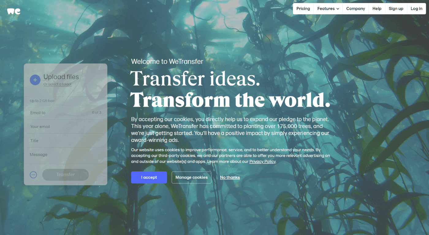 A screenshot of WeTransfer's website