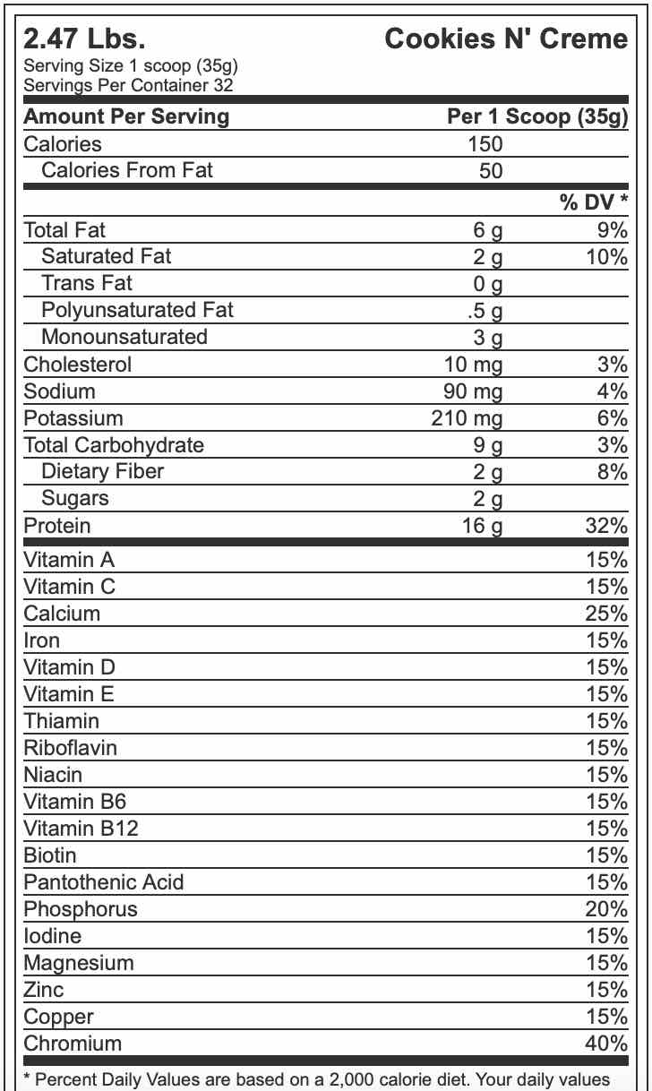 Example of the nutritional content of a type of muscle milk