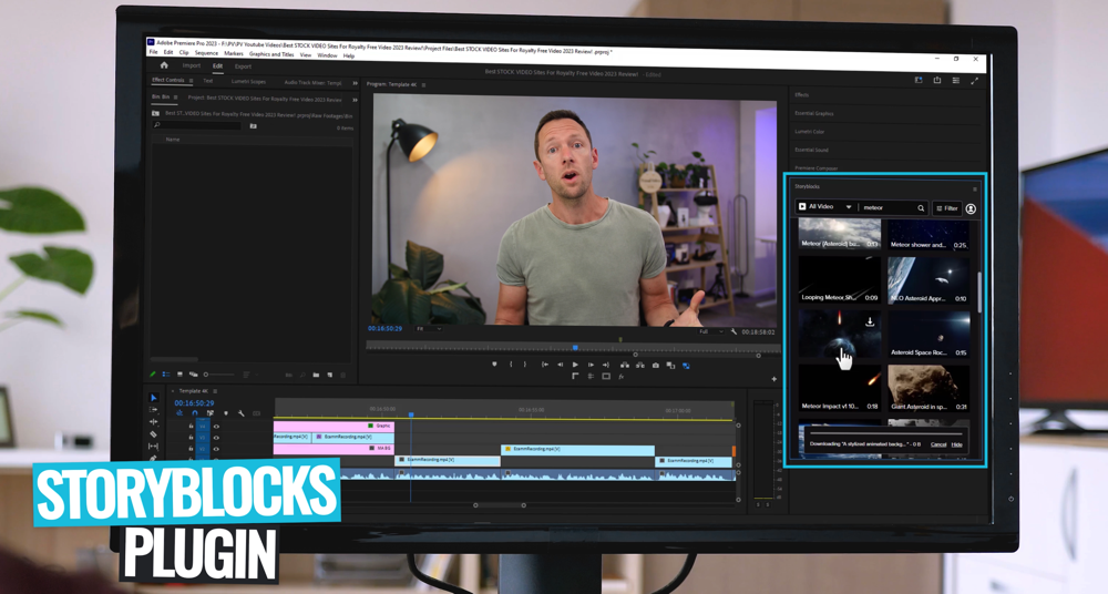 A monitor with Adobe Premiere Pro in the screen and Storyblocks plugin visible