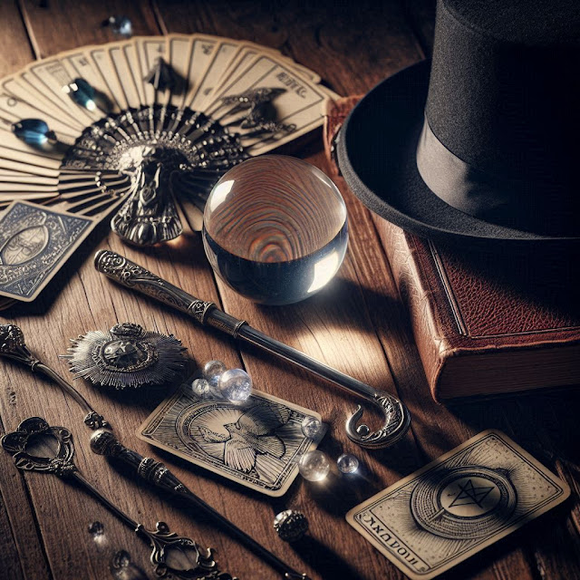 imagen sub realista de los accesorios mas usados por los magos del mundo entero, entre ellos un sombrero de copa, varitas, bolas de cristal, abanico.