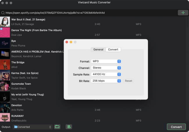 ViWizard MacOS screenshot with downloading music settings like format, channels, sample rate, and bit rate