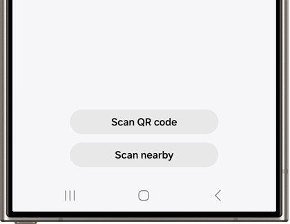 A Galaxy phone with the SmartThings app displaying Scan QR code and Scan nearby.