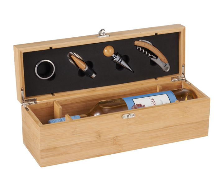 Screenshot of a bamboo case with a bottle of wine and wine accessories inside. 