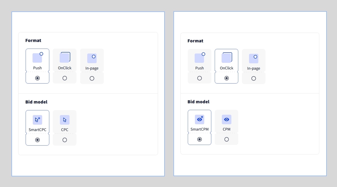 Comparison of bid models for Push and OnClick (Popunder) ad formats: SmartCPC, CPC, SmartCPM, CPM