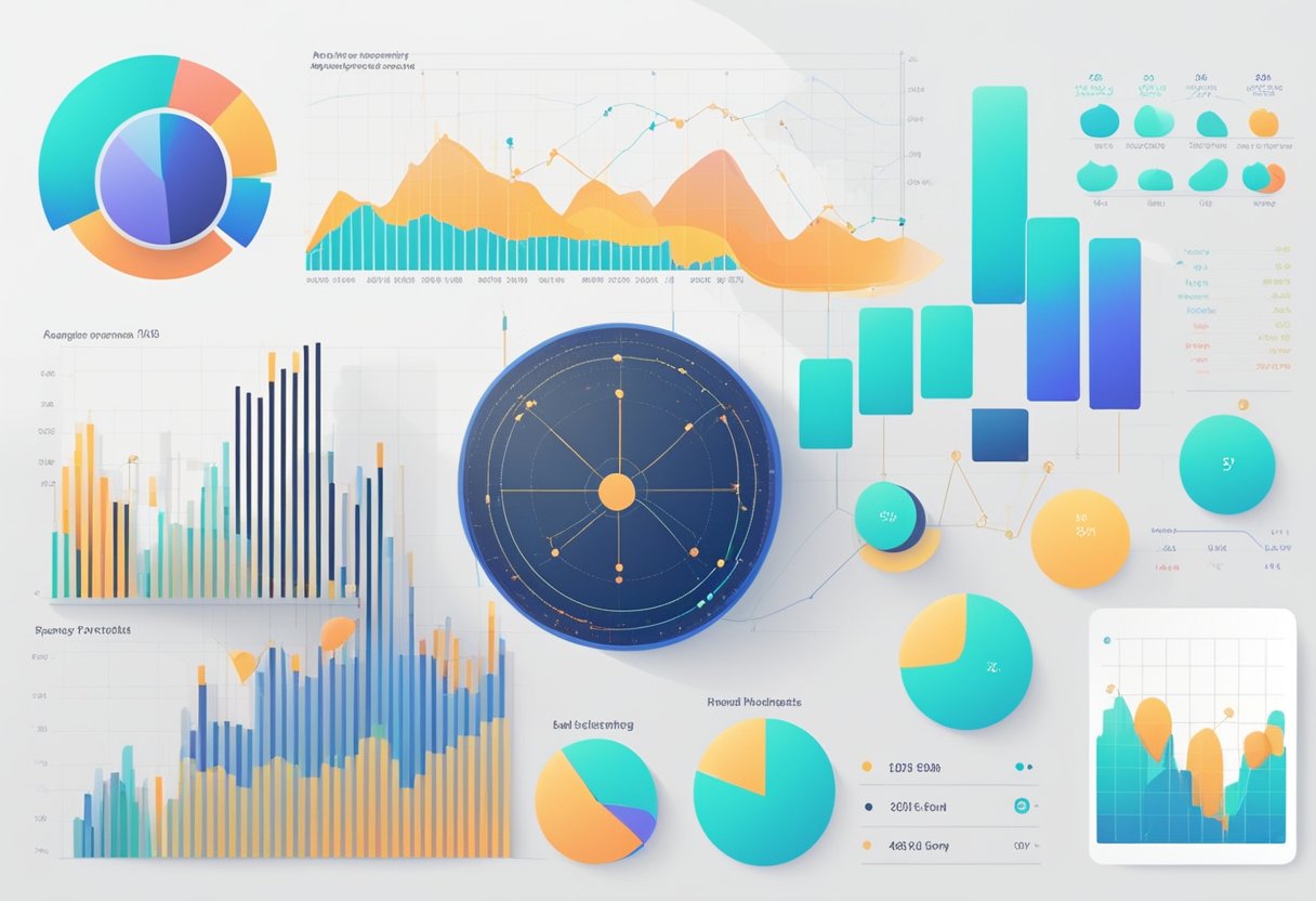 An AI algorithm processes stock market data, generating predictive analytics. Multiple graphs and charts display trends and patterns