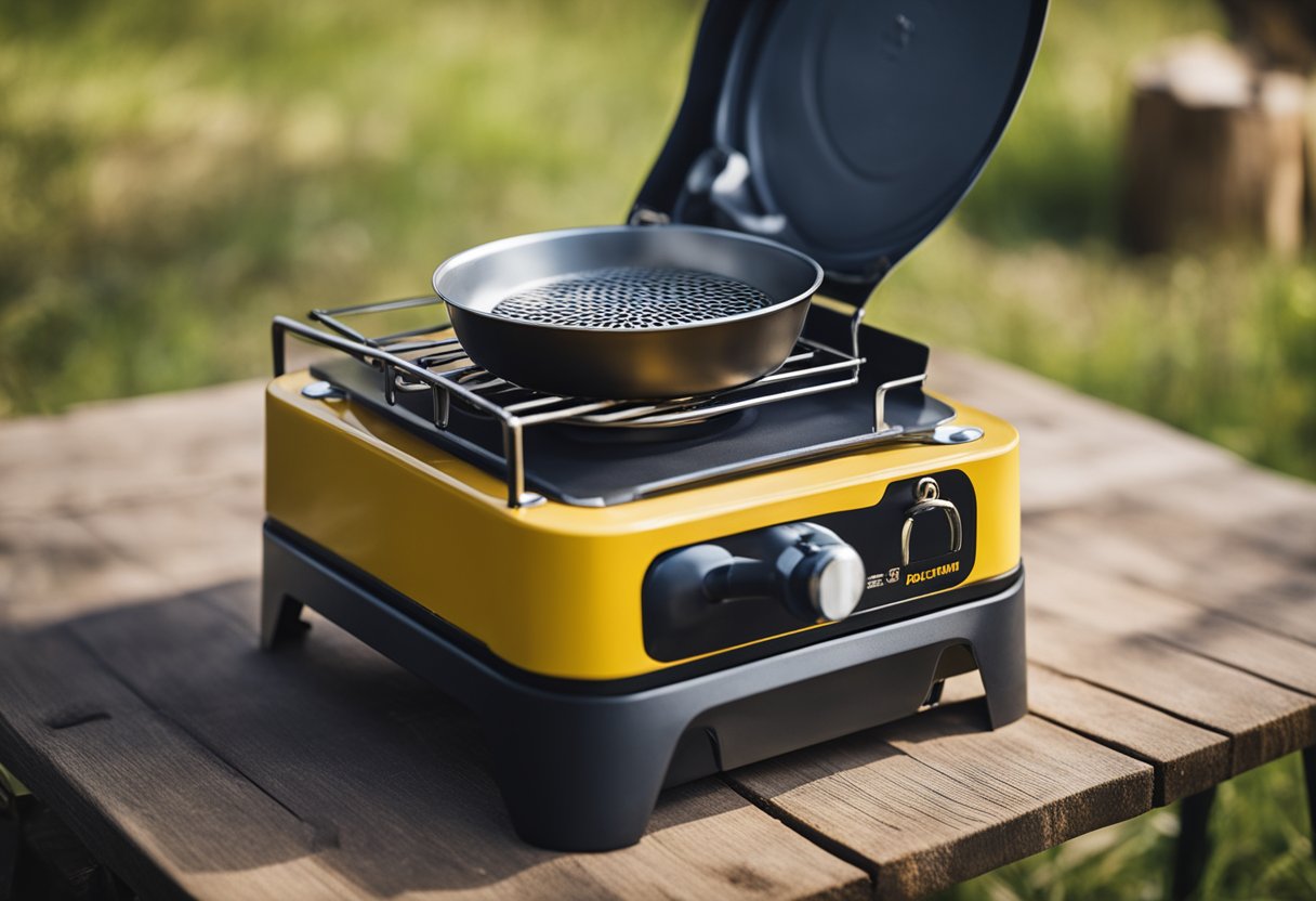 A camping stove sits on a stable, flat surface. A fuel canister is securely attached. The stove is clean and free of debris