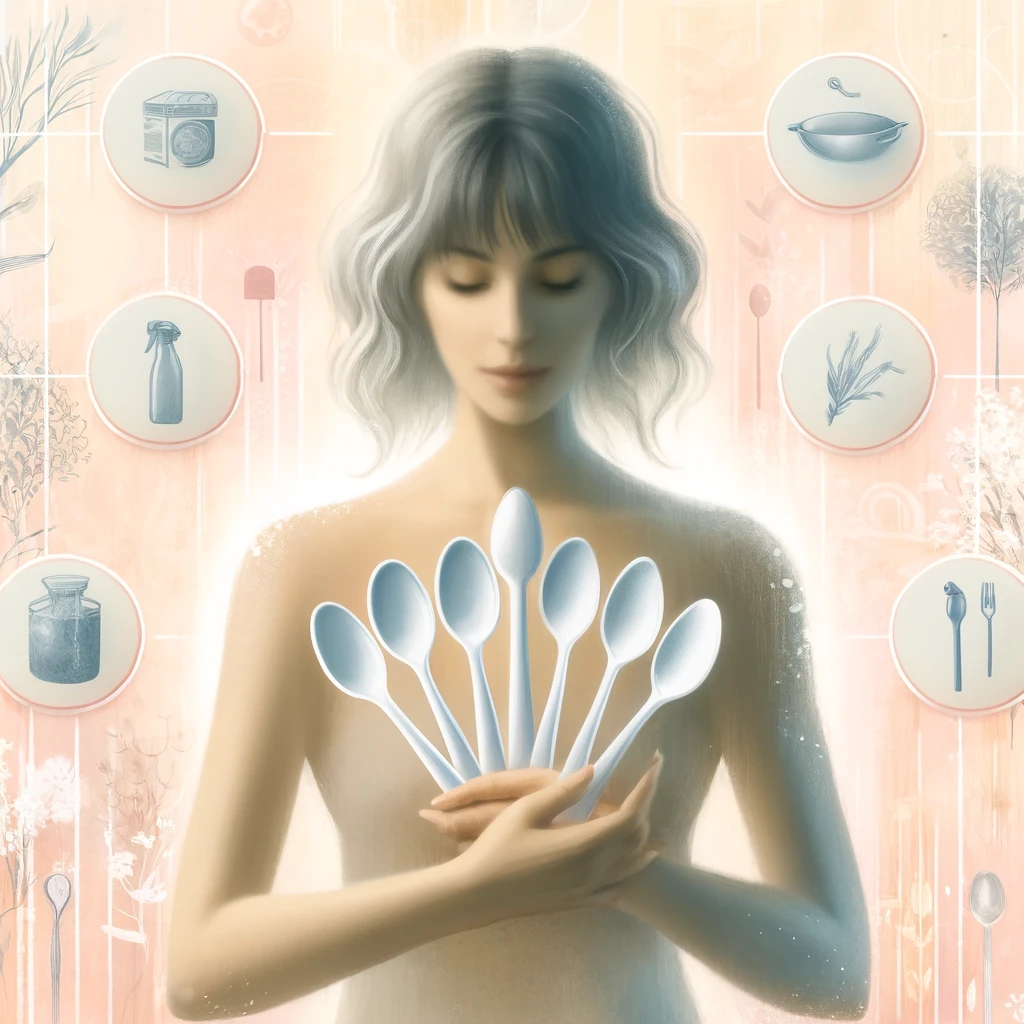 An AI generated image: an artistic and soft illustration of the spoon theory featuring a female figure. She is holding several spoons, each representing different daily activities. The background includes soft, natural colors and symbols of various tasks to visualize energy management, highlighting the challenges of managing chronic illness.