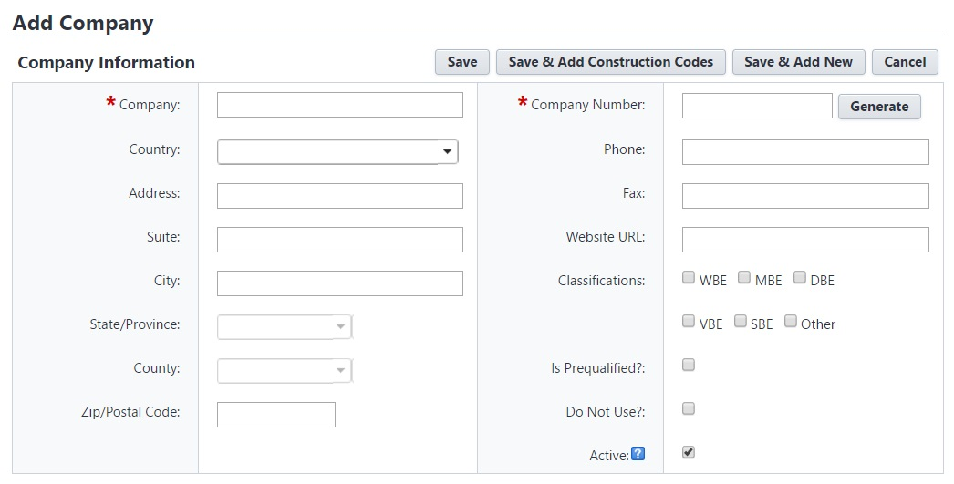 Sample Add Company form demonstrating how many combinations of tests are possible based on input values, check boxes, and dropdowns.