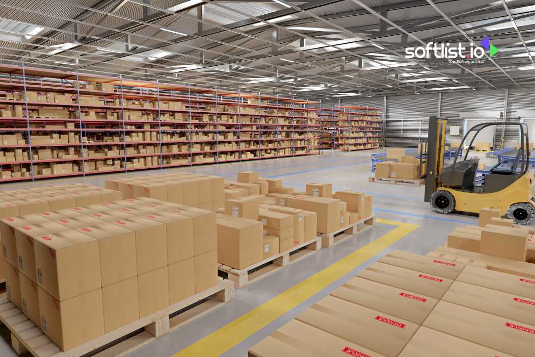 Large, organized warehouse with numerous boxes on shelves and forklifts